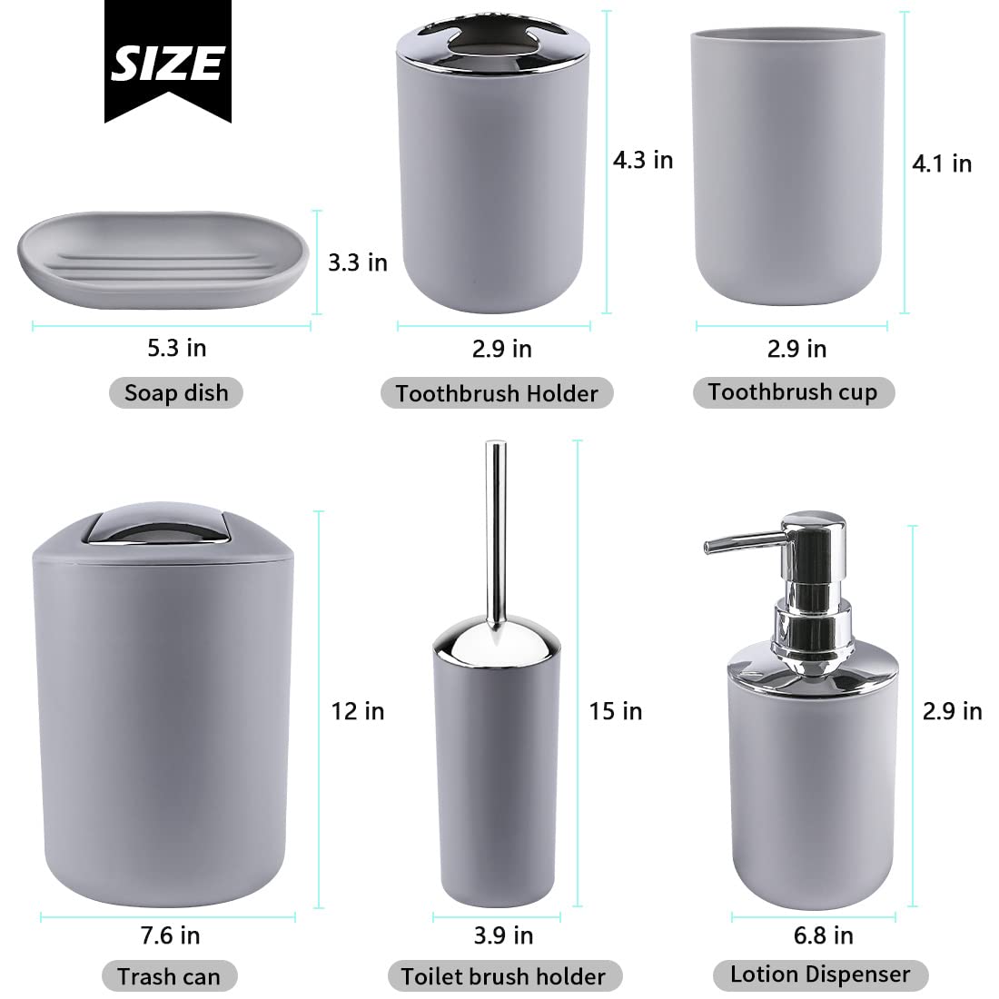 Papillon Bathroom Accessories - 6 Piece Plastic Gift Toothbrush Holder,Toothbrush Cup,Soap Dispenser & Dish,Toilet Brush Holder,