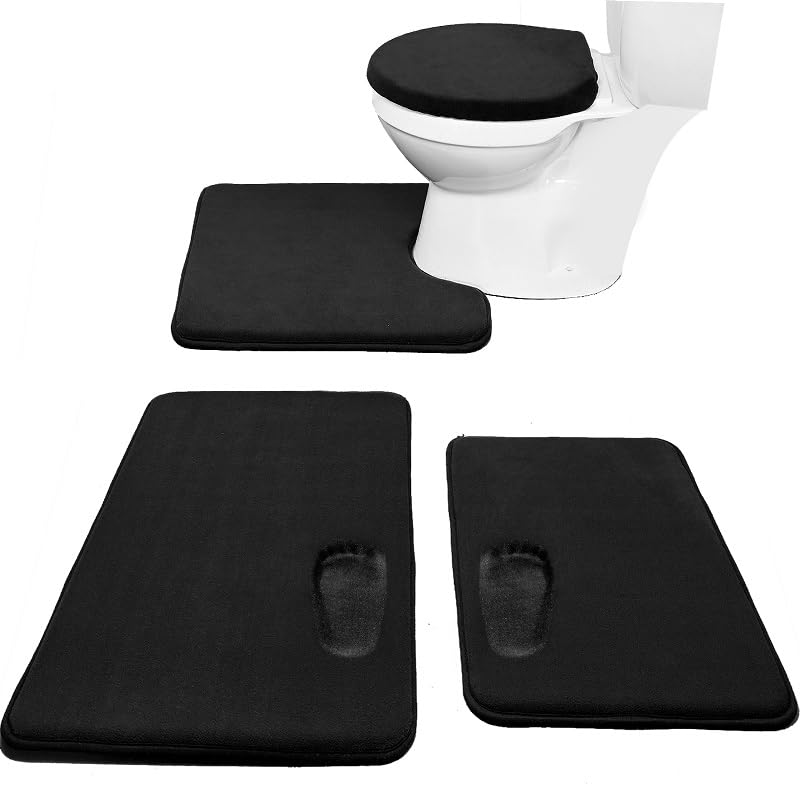 Madeals Memory Foam Bath Mat Set, 4 Piece With Toilet Lid Cover And Rug, Black