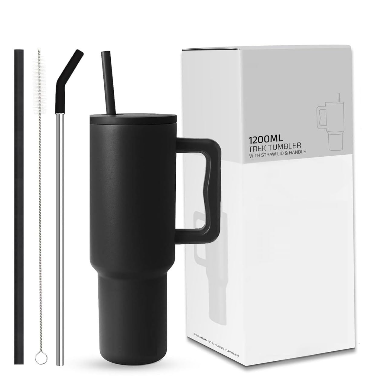 Deziyna Tumbler With Handle And Straw Lid, White, Cup Holder Compatible Travel Mug1200Ml Cup Stainless Steel Office Gym Travelli