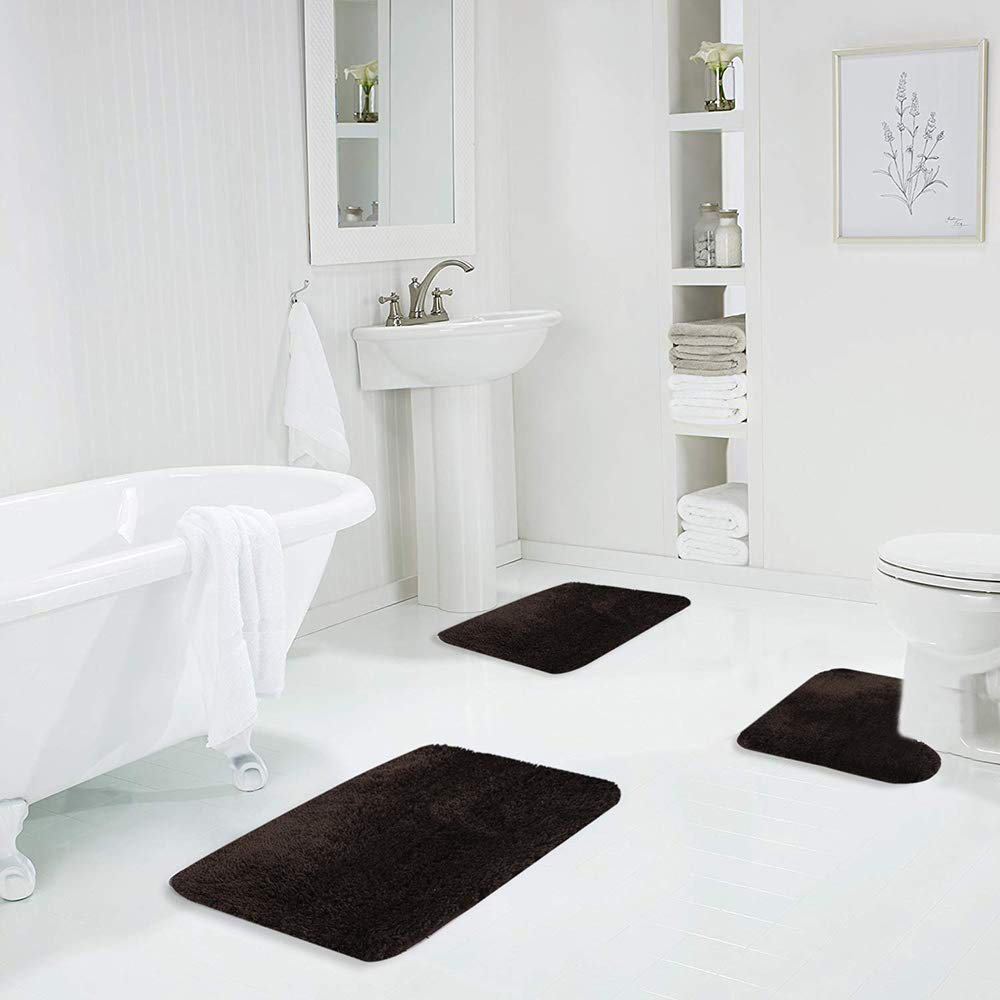 Walensee Shaggy 2 Piece Bath Rug Sets (Brown) 20 X 24 U Shape Contour Rug & 20 X 32 Bathroom Rug Machine Wash/Dry Bath Mats For