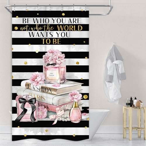 Riyidecor Small Stall Fashion Women Shower Curtain 36Wx72H Inch Black White Striped Pink Modern Magazine Book Perfume Flower Gir