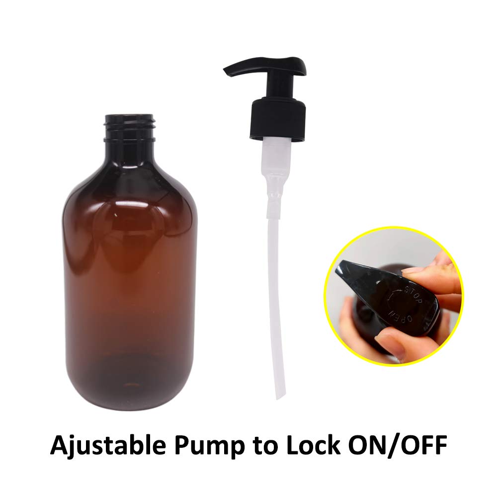 4 Pack 16 Oz Empty Plastic Pump Lotion Bottles With 1 Pen, Labels & Silicone Funnel, Amber Color Lotion Dispenser With Locking P