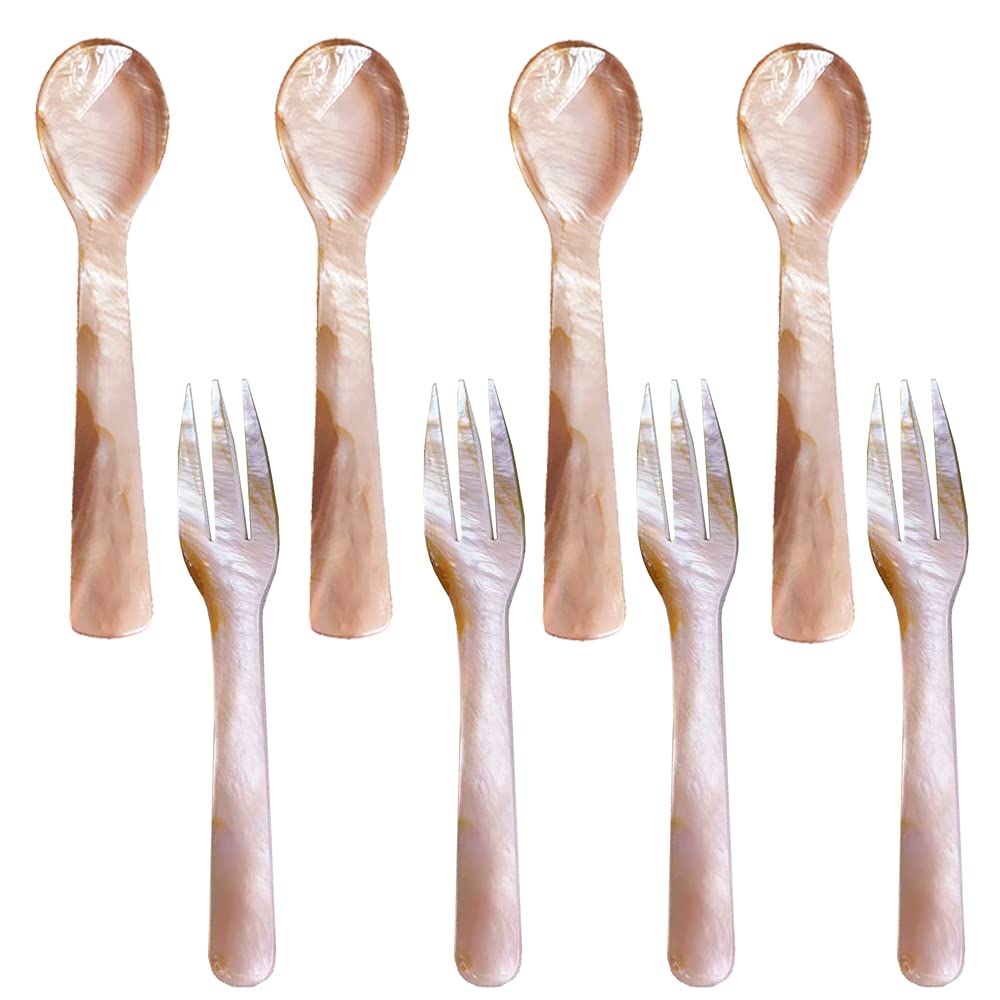 I-Lan 8 Pack Pink Mother Of Pearl Spoon Fork With Natural Patten,5 Inch Stunning Mop Caviar Spoon With Beautiful Shine, Finely H