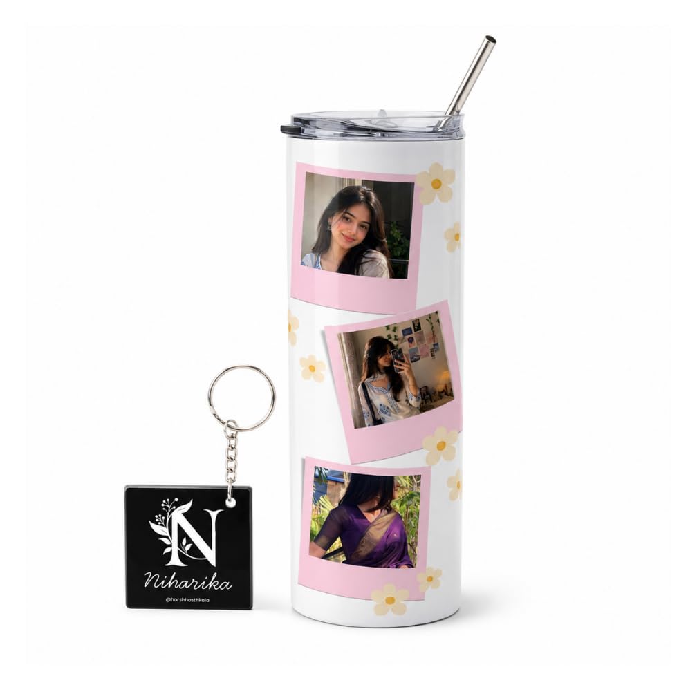 Harshhasthkala Personalized Photo Stainless Steel Tumbler 600Ml With Custom Name Mdf Keychain, Transparent Lid & Steel Straw | C