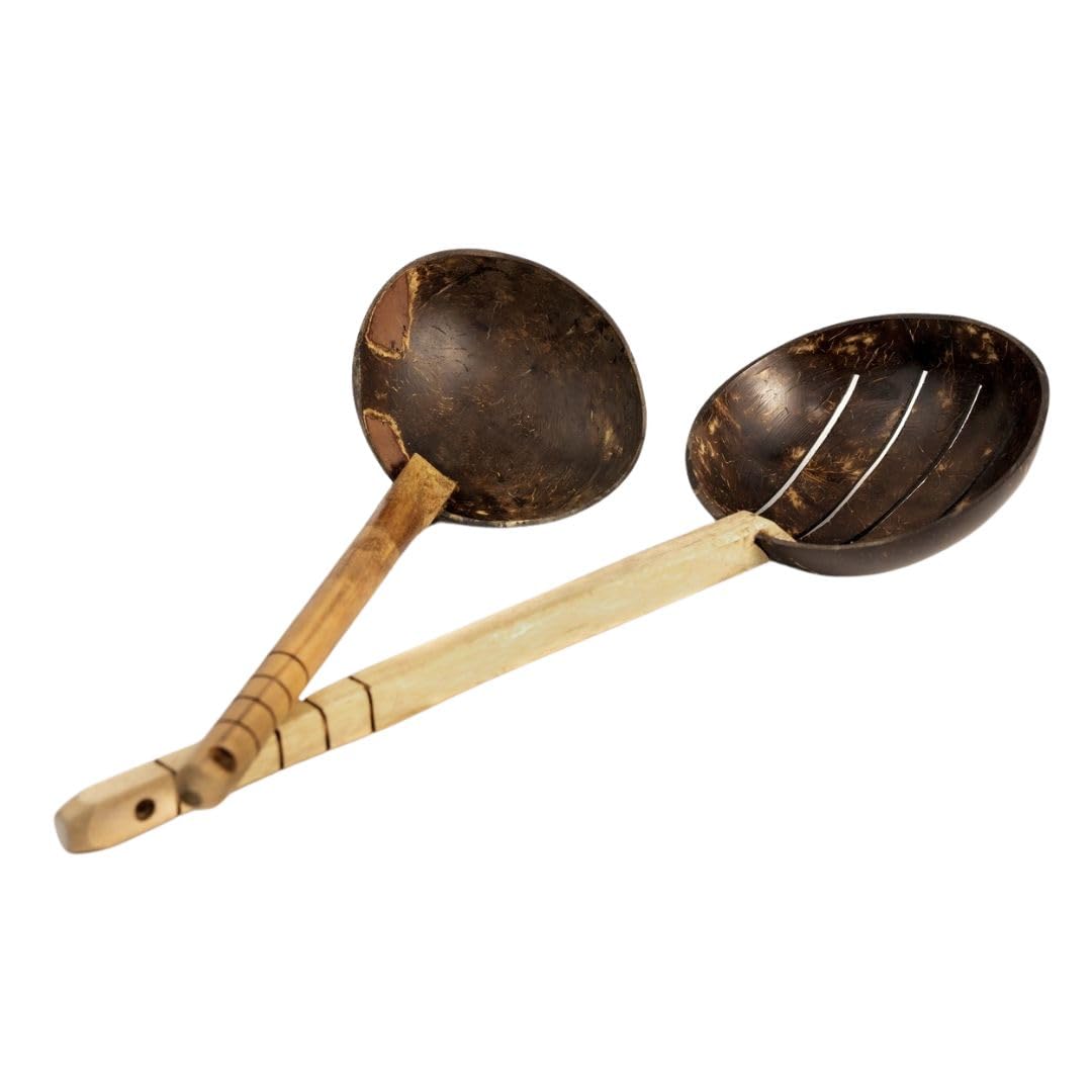 Thenga Coconut Shell Spoon Set & Wooden Cooking Utensils | 33 Cm Frying Spoon & NonStick Wooden Ladle | EcoFriendly Handmade K