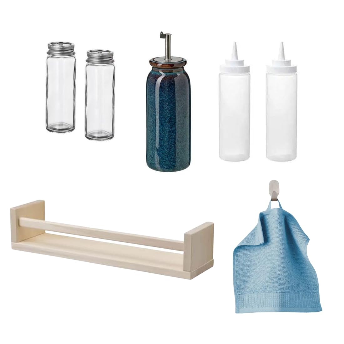 Ikea Kitchen Spice Rack Set, Aspen Wood Wall Mount Shelf With Glass Storage Bottles, Squeeze Bottles & Salt & Pepper Shakers & V