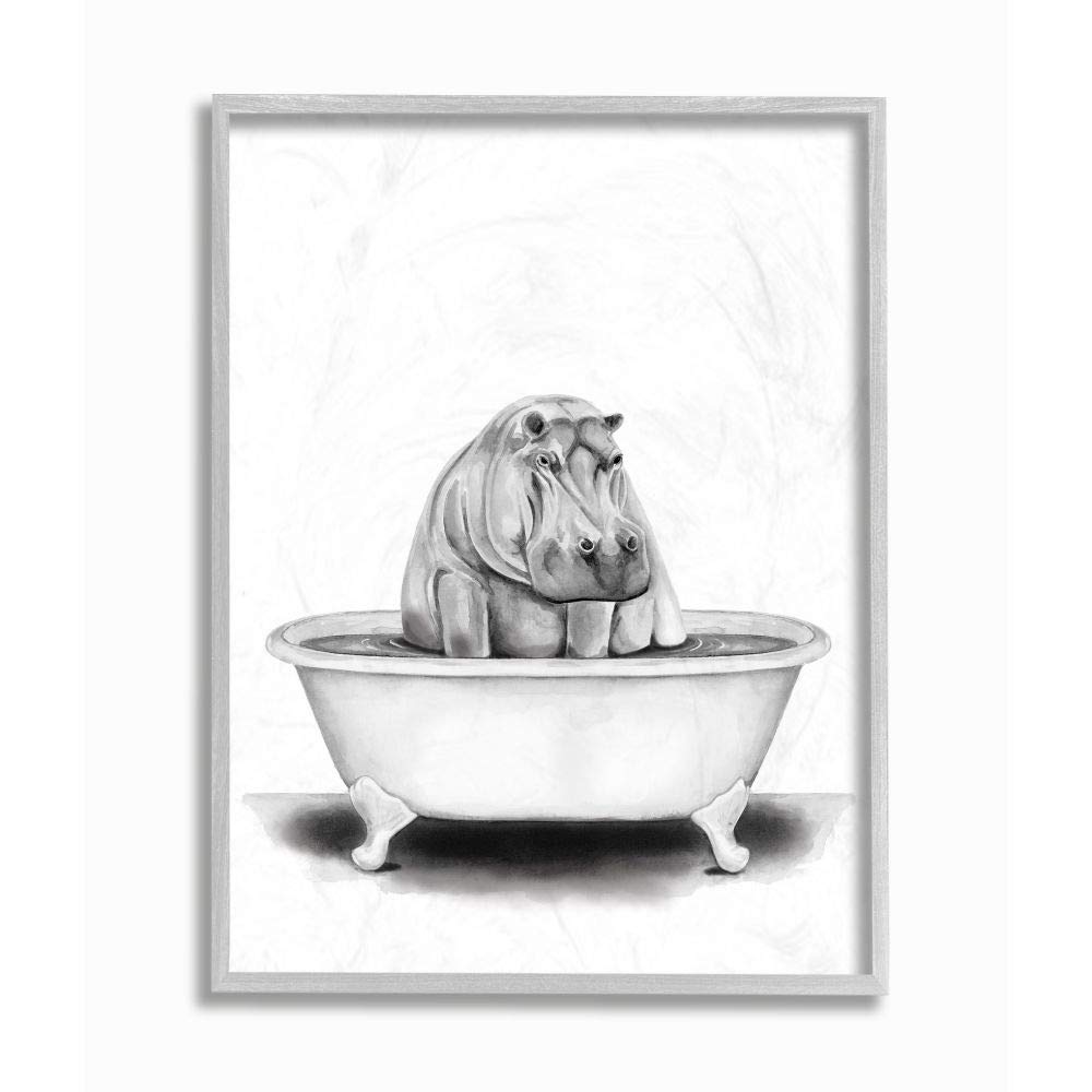 Stupell Industries Hippo In A Tub Funny Animal Bathroom Drawing, Design By Rachel Neiman Wall Art, 11 X 14, Grey Framed
