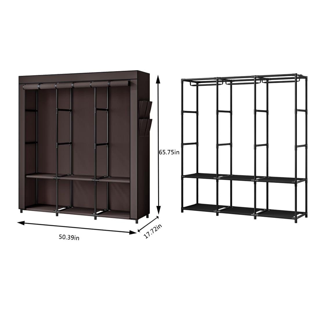 Sorcedas Portable Closet Wardrobe Storage Organizer Metal Hanging Rack Non-Woven Fabric 50 Inch (Coffee)