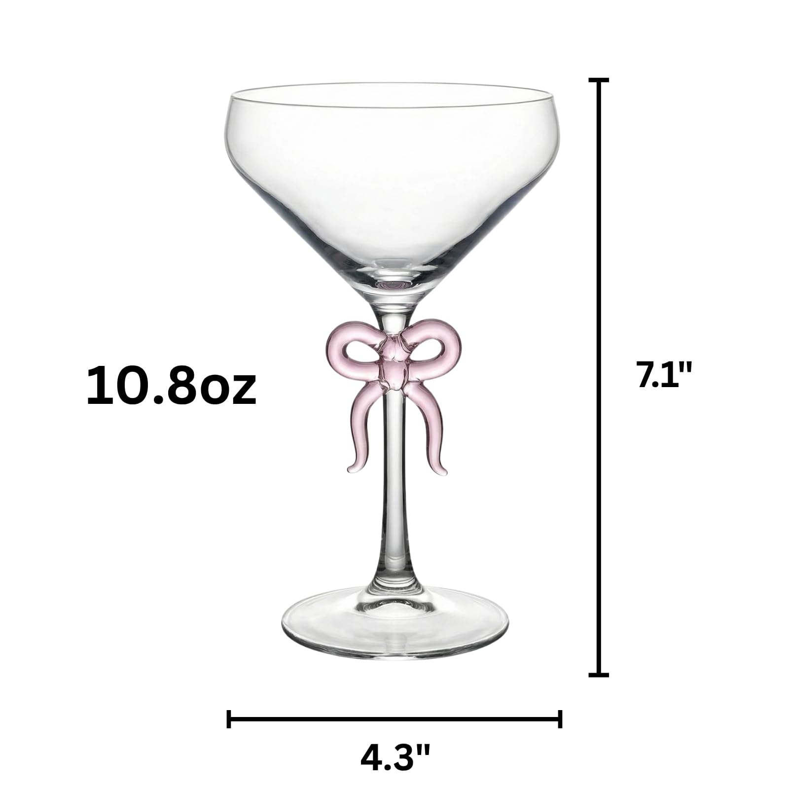 Single Clear Martini Glass with Pink Bow on Stem, One Piece