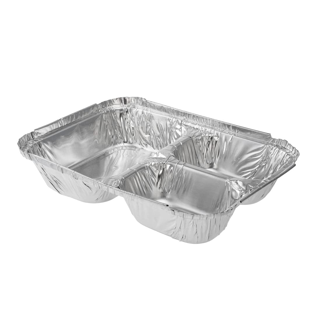 Restaurantware Foil Lux 23 Ounce Aluminum Food Containers 100 Rectangle Aluminum Pans - Lids Sold Separately 3 Compartments Silv