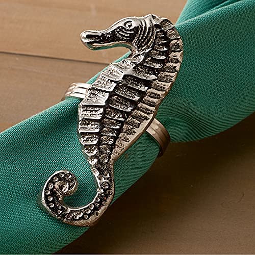 Nautical Napkin Rings, Set Of 4 Seahorse Sea Horse Shaped Napkin Rings For Cloth Napkins In Elegant Silver Finish