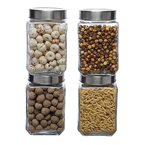 Simparte Glass Jar Barni 1000Ml Transparent Square Container Set Of 4 With Airtight Steel Lid For Kitchen Storage Of Masala, Sna
