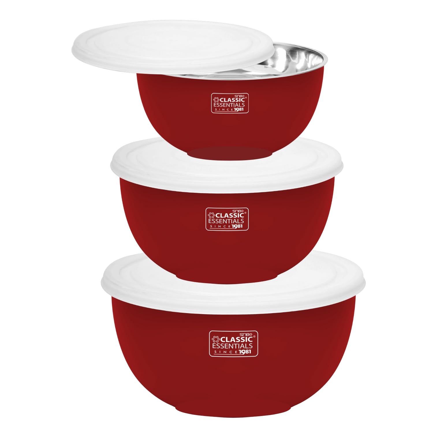 Classic Essentials Stainless Steel Microwave Safe Mixing Bowls Set With Lid (Red) | Food Serving And Storage Containers | Scratc