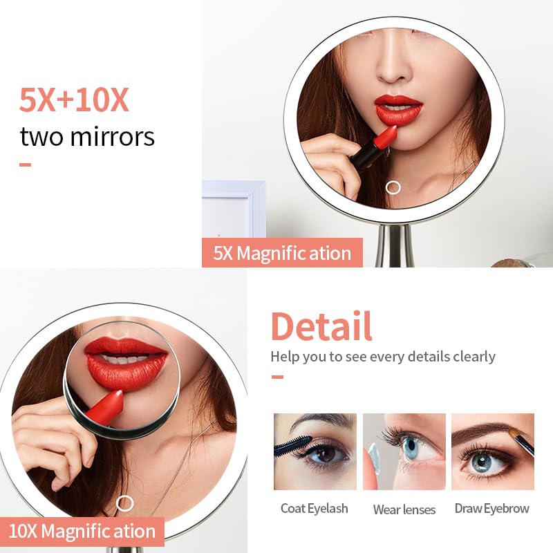 Surdy 9 Lighted Makeup Mirror, 5x/10x Dual Magnifying Mirror w/ 3 Color, Brightness Adjustable,360 Rotation, 4000 mAh Rechargeab