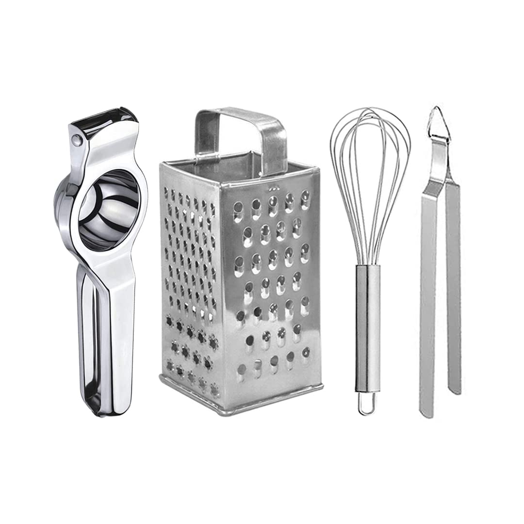 Oc9 Stainless Steel Lemon Squeezer/Hand Juicer & 8 In 1 Grater/Slicer & Egg Whisk/Egg Beater & Roti Chimta/Utility Tong For Kitc