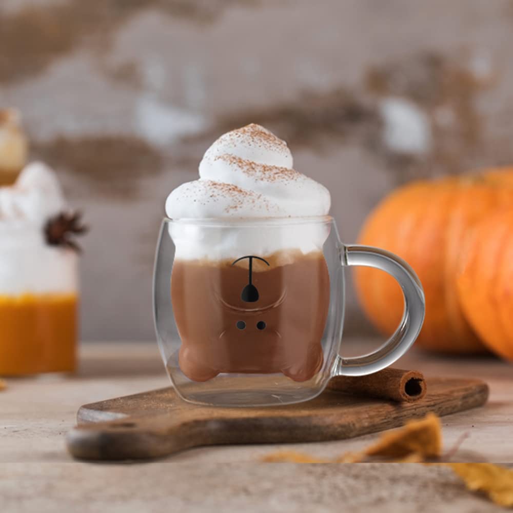 Ecooe Cute Bear Mug Glass Coffee Cup 9.4Oz Double Walled Glass Mug Cappuccino Latte Glass Cup With Handle Spoon, Milk Tea Bear C