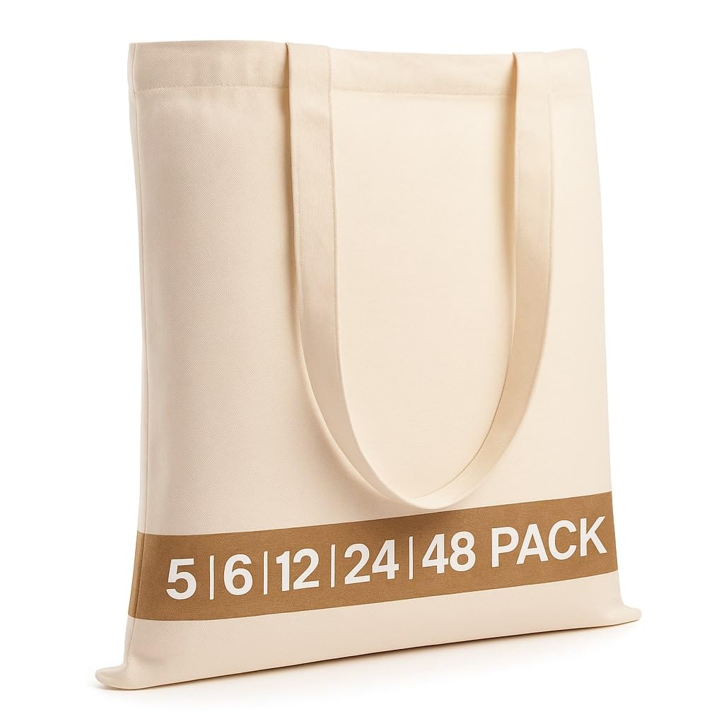 Salt Earth Pack of 5 | 6 | 12 | 24 | 48 - 100% Cotton Reusable Tote Bags - Bulk Grocery, Shopping, DIY, Beach & Gift Use (Natura