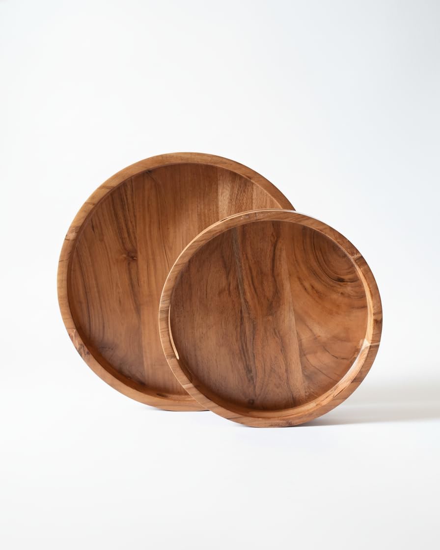 Round Wooden Tray, Natural Wood, Set Of 2, Serving And Display Tray For Kitchen And Home Decor