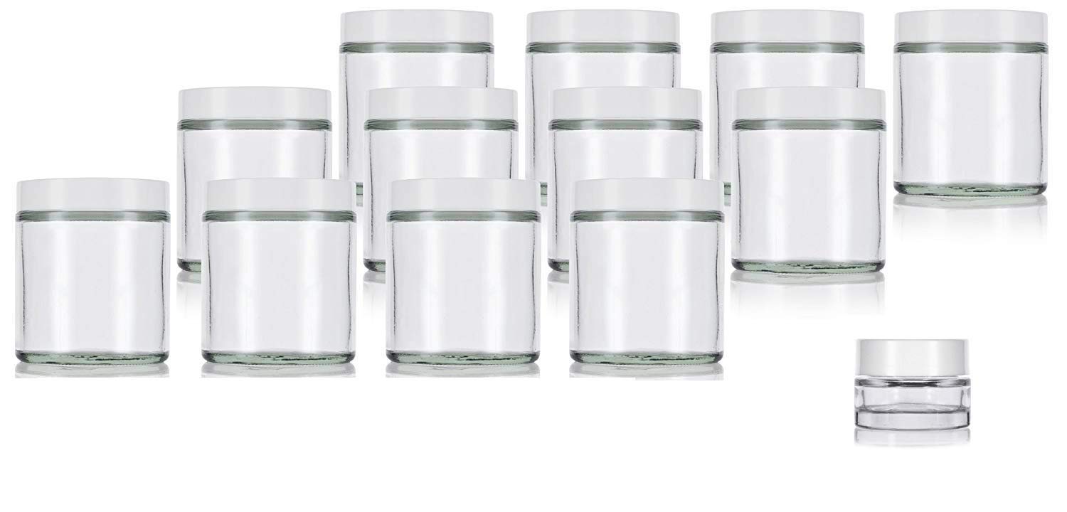 4 Oz / 120 Ml Clear Thick Glass Straight Sided With White Smooth Lid (12 Pack) + Small Glass Balm Jar