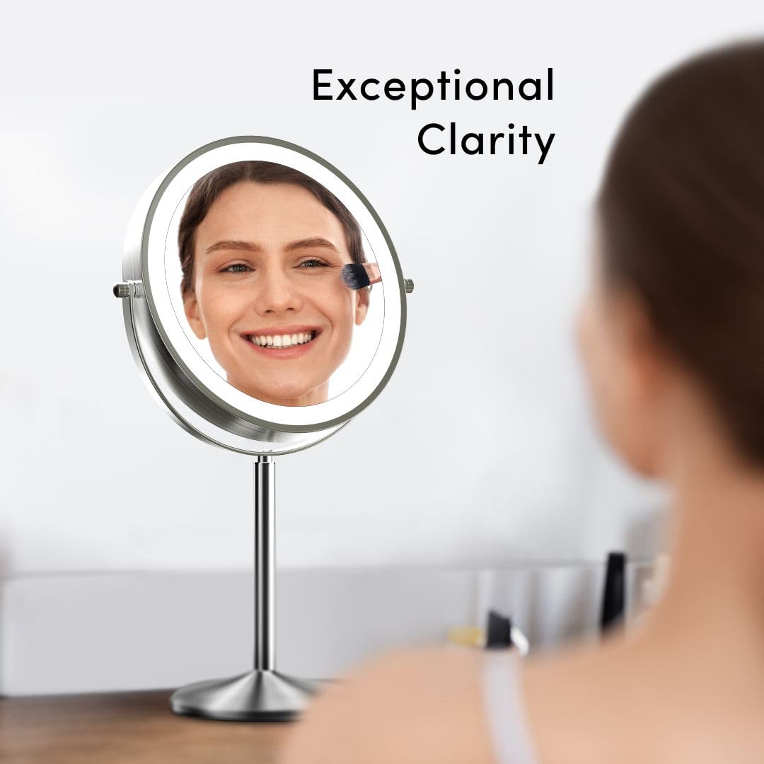 Fancii 9-Inch Lighted Makeup Mirror Height Adjustable with 10X /1X Magnification - Rechargeable, Double Sided LED Vanity Mirror