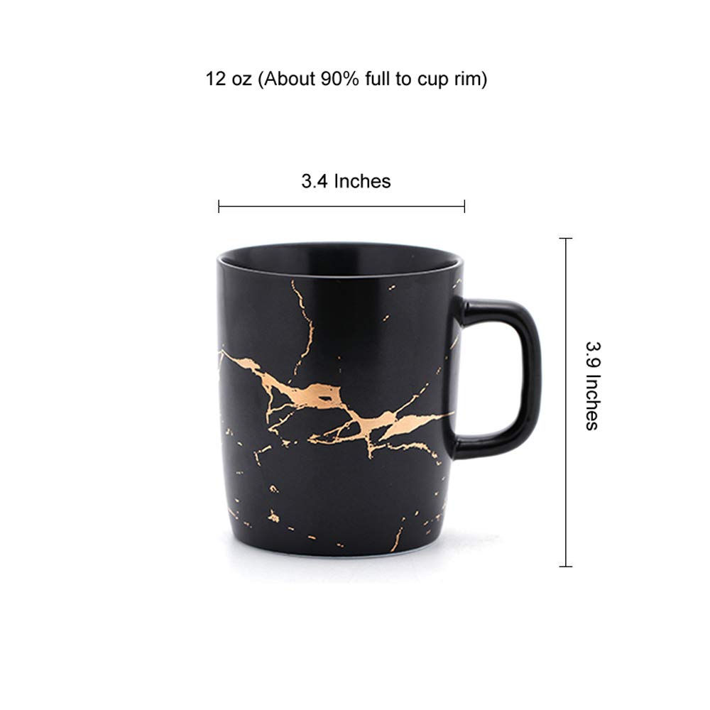 Coffeezone 12 Oz Matte Ceramic Marble Tea Coffee Mugs Luxury Gold Inlay (Black, 4 Mugs Gold Marble)