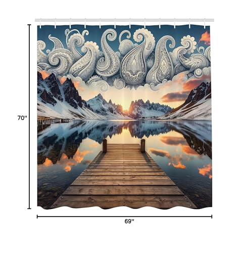 Ambesonne Lake Shower Curtain, Sunset Over Snowy Mountains And Pier Traditional Paisley Motifs In The Sky, Cloth Fabric Bathroom