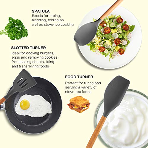 Mibote 17 Pcs Silicone Cooking Kitchen Utensils Set With Holder, Wooden Handles Silicone Turner Tongs Spatula Spoon Kitchen Gadg