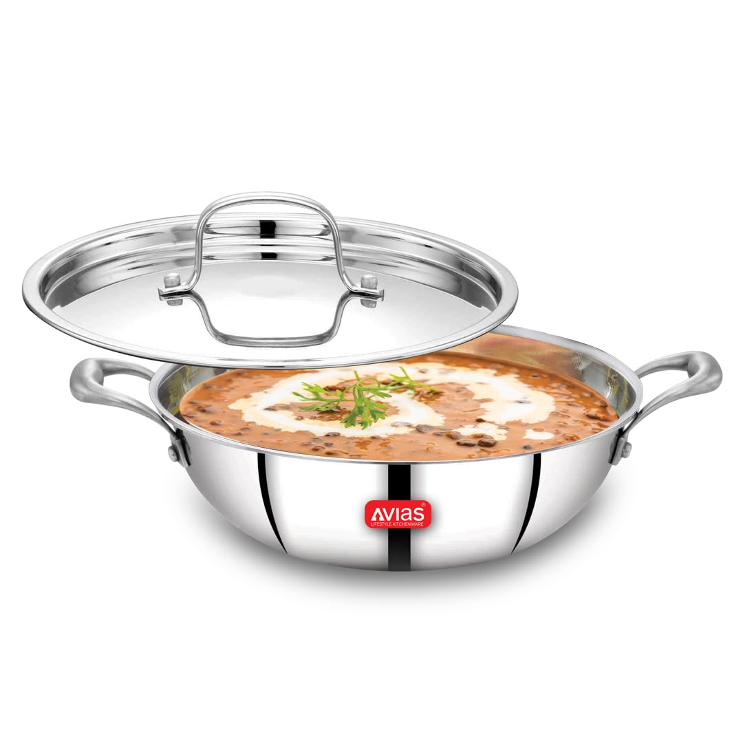 Avias Riara Triply Kadhai | 5 Years Warranty | Stainless Steel Triply Kadai, Flat Bottom And Induction Compatible, 3 Layer, 2.5 
