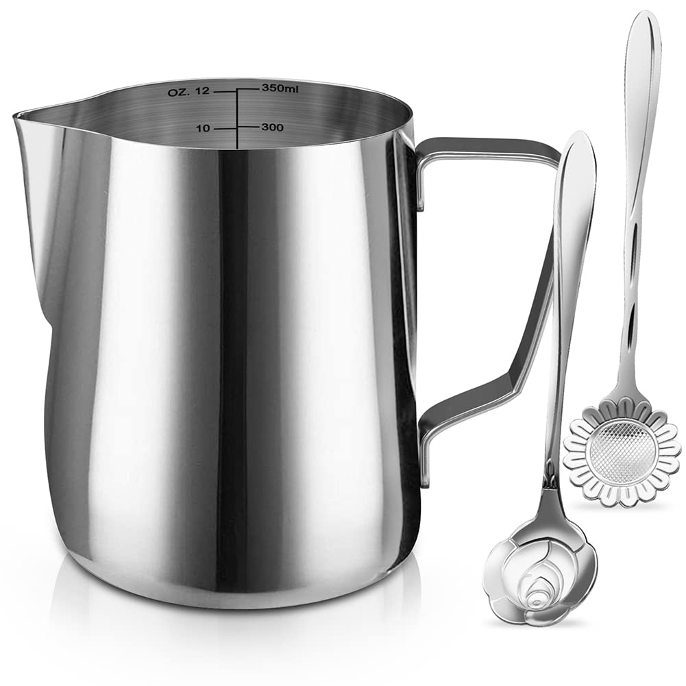 Milk Frothing Pitcher Cup, 12Oz/350Ml Milk Frother Cup Stainless Steel Steaming Pitcher Milk Jug Coffee Latte Art Cappuccino Esp