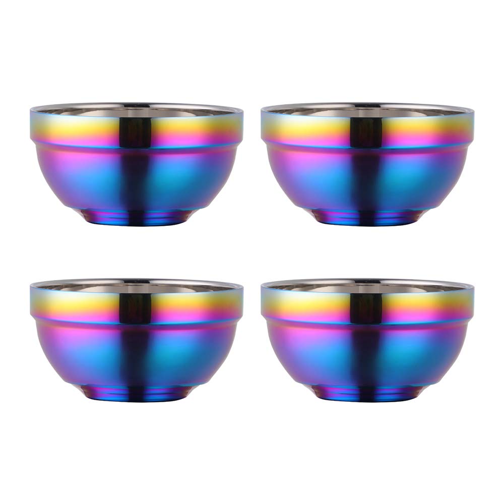 Large Rainbow 304 Stainless Steel Bowl Set Of 4, Double-Walled Heat Insulation Anti-Scalding Kitchen Soup Bowls, Drop Resistance