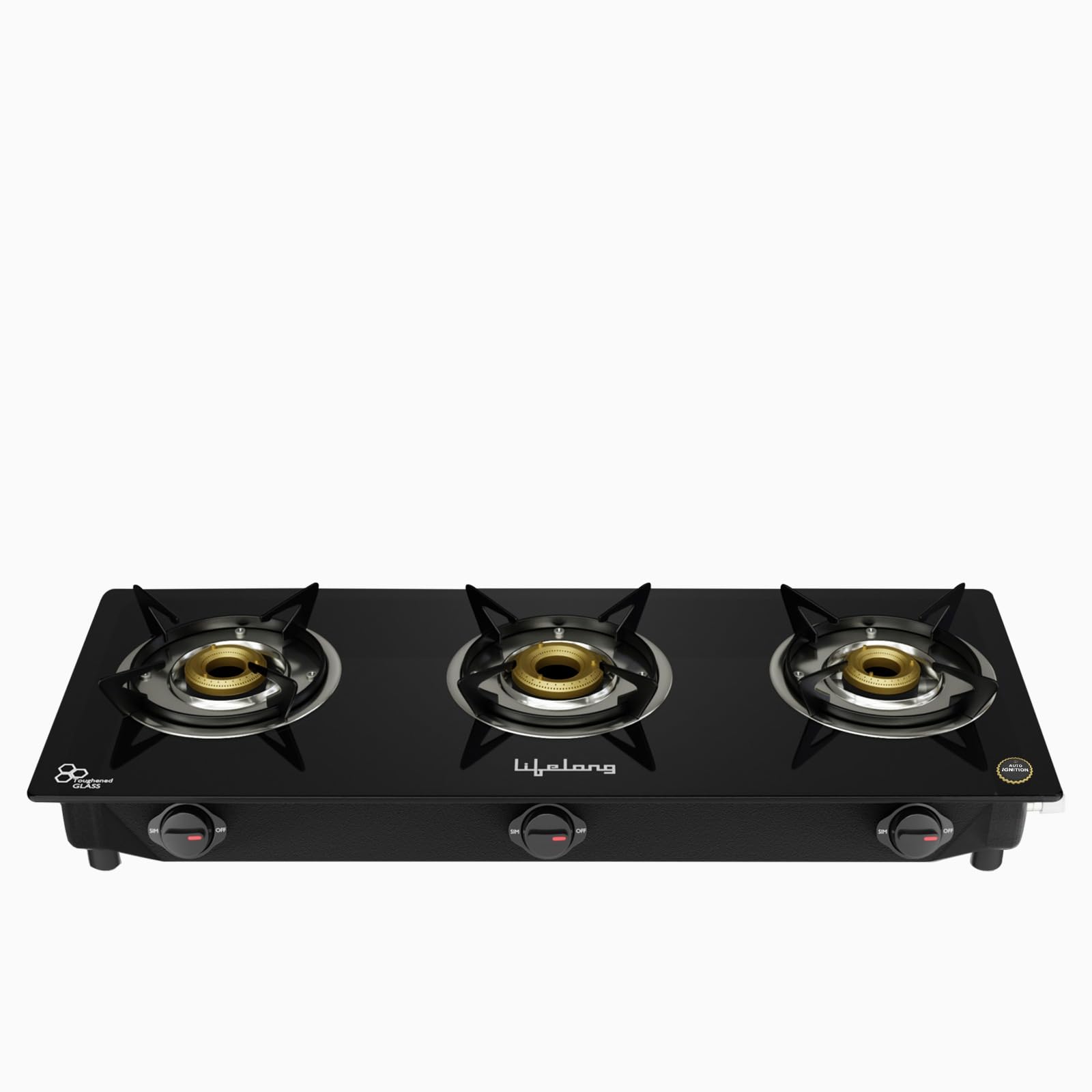 Lifelong 3 Burner Open Heating Gas Stove Top For Kitchen-Automatic Ignition Cooktop Modern Glass Stove For Modular Kitchen,Isi C
