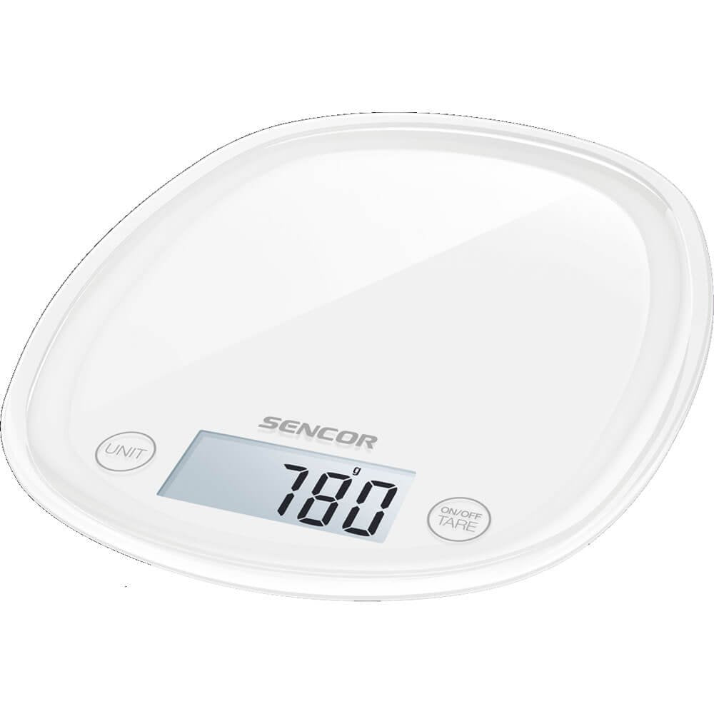 Sencor Digital Kitchen Scale with Large Backlit LCD Display and Touch Control Sensors, Small, Snowdrop White