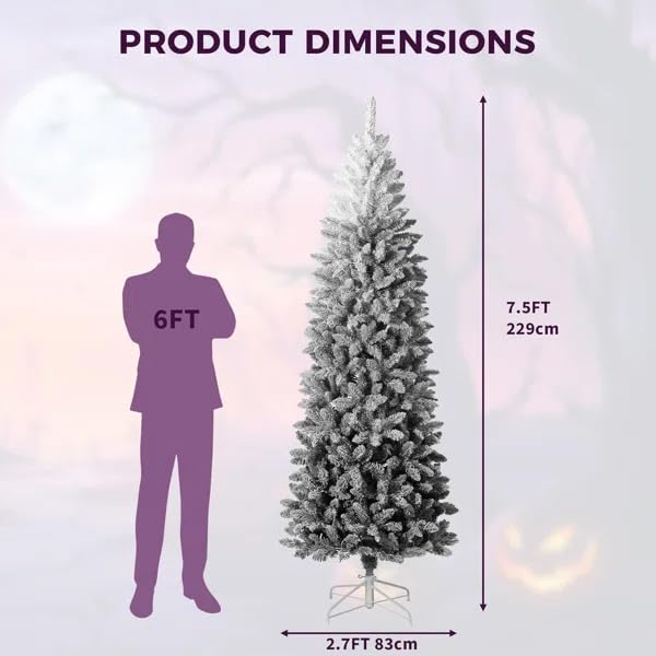 7.5ft Snow Flocked Pencil Christmas Tree with Black Gradient, Slim Artificial Xmas Tree on Sturdy Metal Stand, Skinny Holiday De