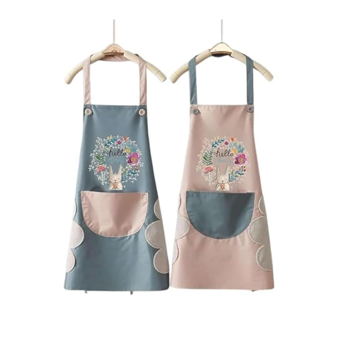 Domesso Spring Bunny Floral Kitchen Apron  Waterproof Pvc Polyester, Adjustable Neck Strap, Large Front Pocket & Handwiping Se