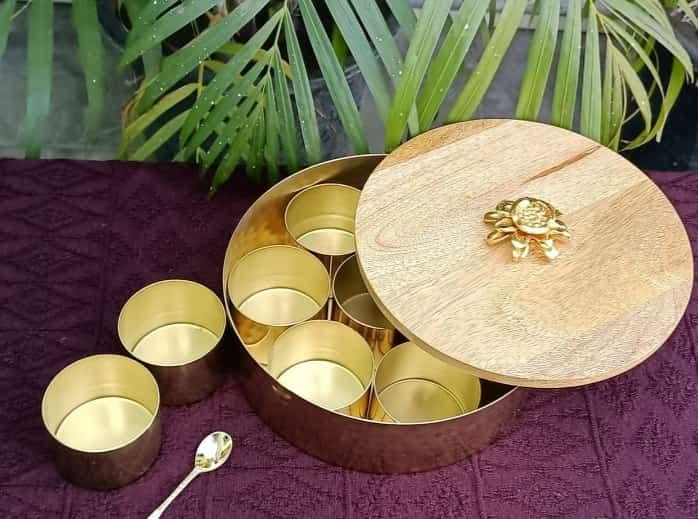 Homez Decor Handmade Brass Spice Box (Masaladani) With Spoon | Handcrafted Masala Box Spices Container  Indian Design (Masala D