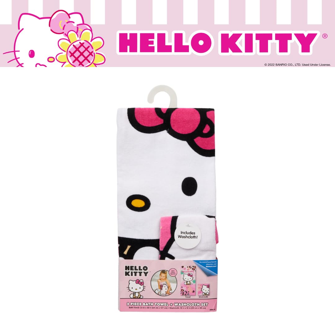 Franco Hello Kitty Kids Bath/Pool/Beach Soft Absorbent Cotton Terry Towel With Washcloth 2 Piece Set, 50 In X 25 In, (Officially