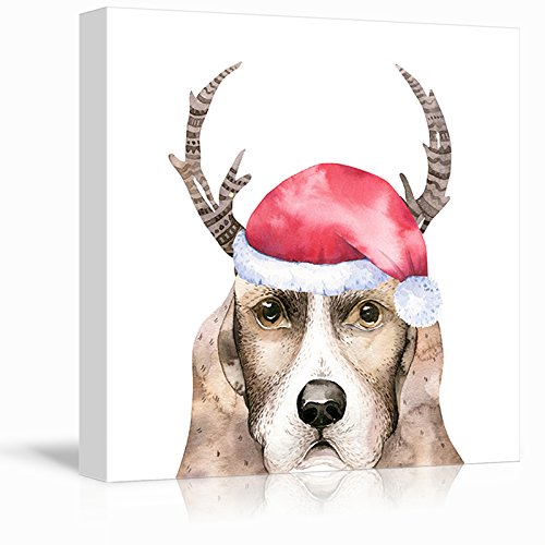 Wall26 Square Dog Series Canvas Wall Art - Watercolor Style Painting Of A Dog Wearing A Christmas Hat And Antlers - Giclee Print
