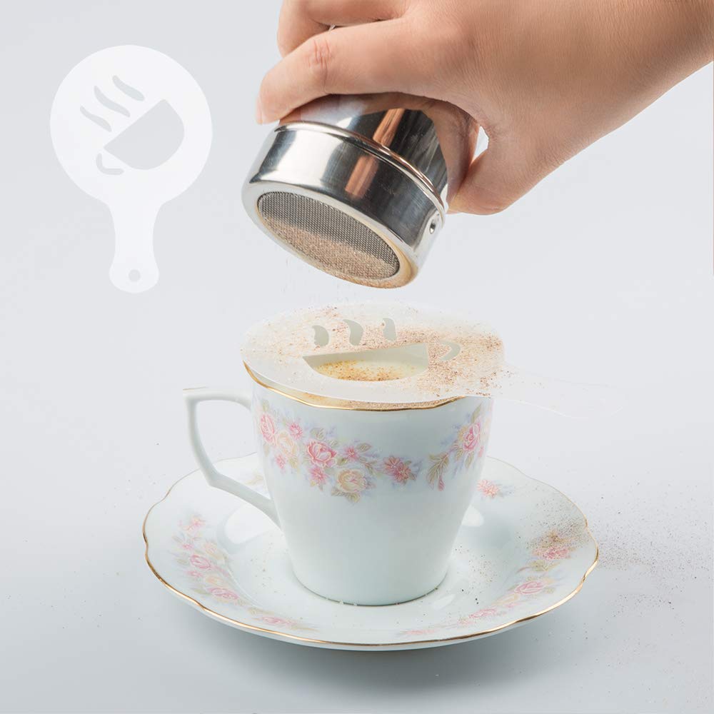 Aifuda 3 Pack Stainless Steel Powder Shaker With 16 Pcs Printing Molds Stencils, Powder Cans With Mesh For Coffee Cappuccino Lat