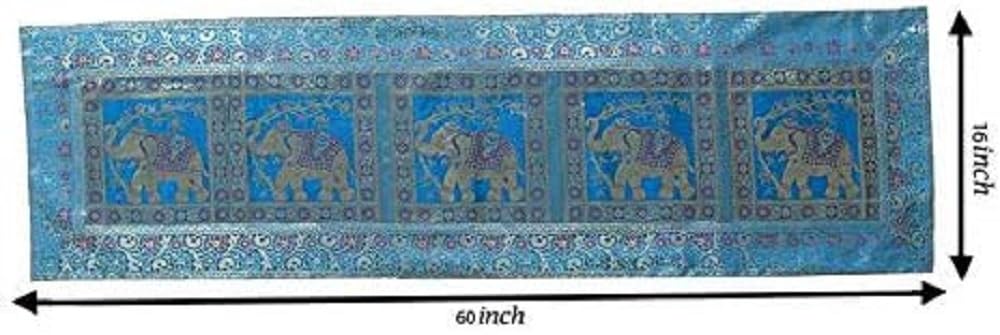 Real Online Seller Traditional Turquoise Silk Table Runner Decorative Silk Table Cloth Indian Decor Ethic Floral Designed Center Table Cover 60X16 Inchs
