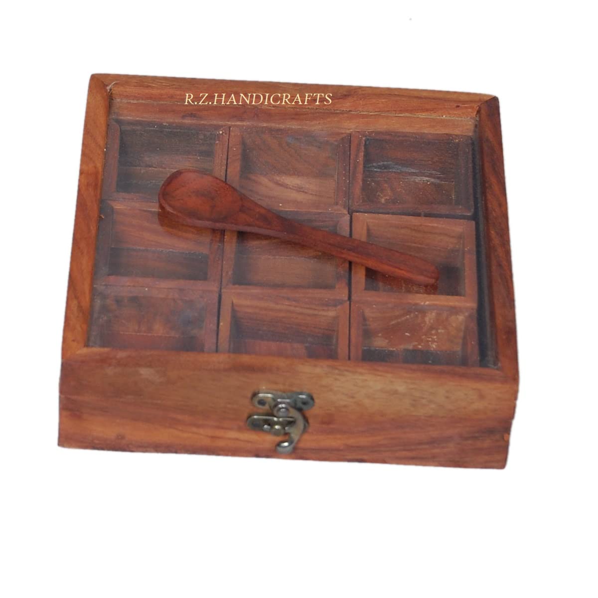 R.Z.Handicrafts Nine Blends Wooden Spice Boxes 9 Containers Box With Spoon In Sheesham Wood Spice Jar For Kitchen Masala Box Ma