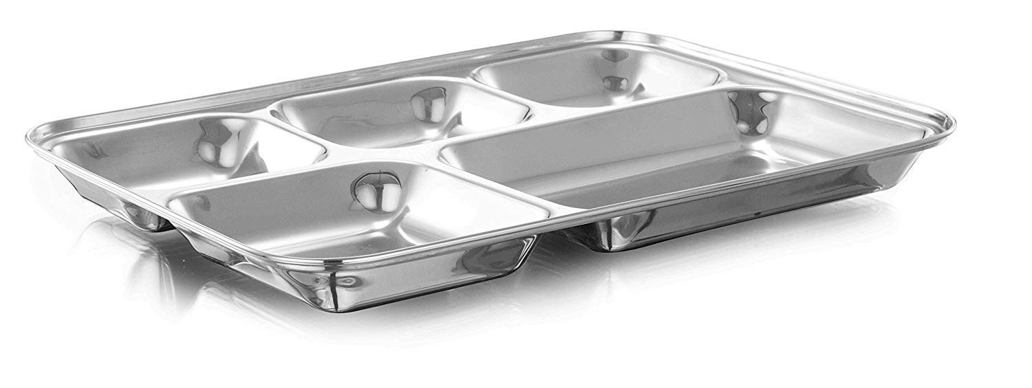 Khandekar Pack Of 2 Stainless Steel Lunch Plate, 5 Compartment Thali, Food Divided Plates, Dinner Plate Outdoor Camping And Ever