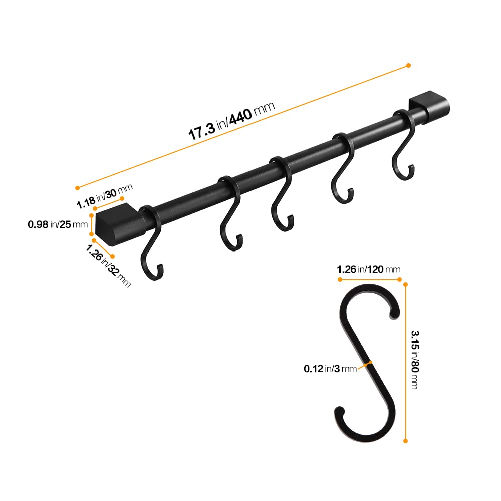 Miaohui Kitchen Rail With Hooks, Pan And Pot Hangers For Kitchen Wall Mount, Kitchen Utensil Rack With Removable S Hook, Aluminu