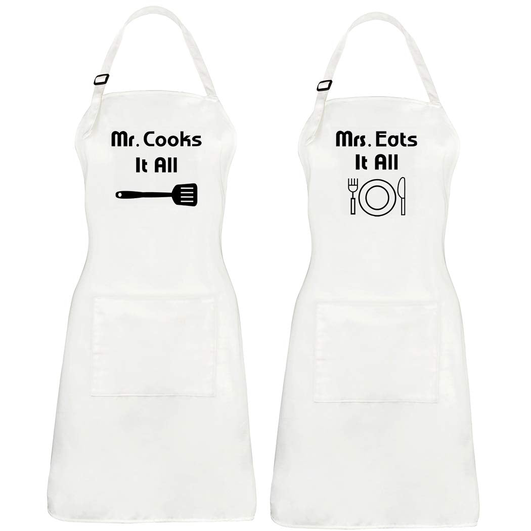 Coxeer 2Pcs Couples Kitchen Apron Mr Cooks It All Mrs Eats It All Aprons Cotton Waterproof Matching Aprons Couples Gift Valentin