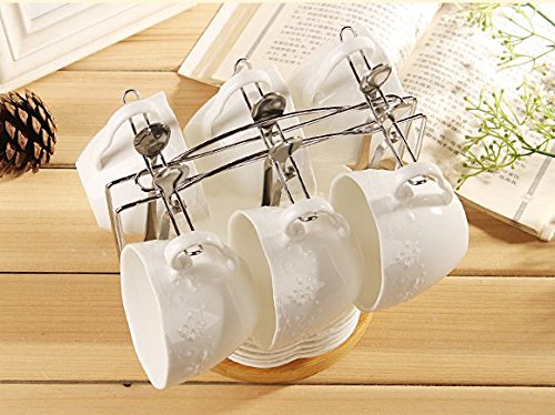 Jusalphaa White Porcelain 5Oz- Tea Cup And Saucer Coffee Cup Set With Saucer And Spoon, Set Of 6 (6 Tea Cup Set With Bracket)