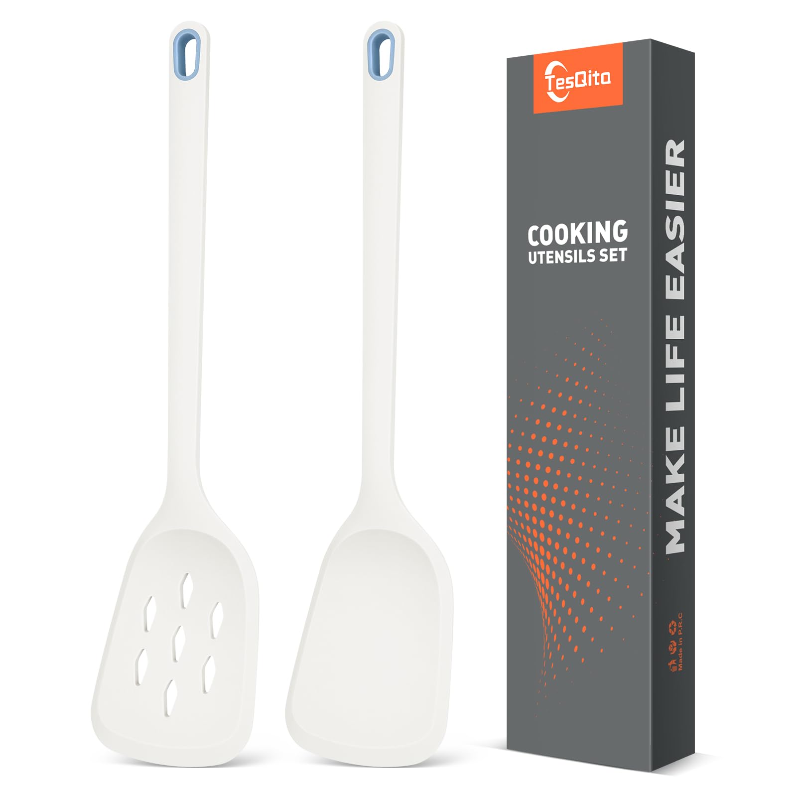 Silicone Spatula Set of 2 Pack, Heat Resistant Solid&Slotted Turner (WHITE)
