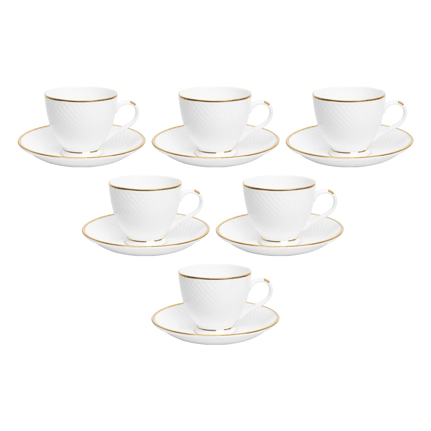 Femora Bone China Gold Line Diamond Cut White Cups & Saucer- 6.42 Oz- Set Of 12 (Diamond)