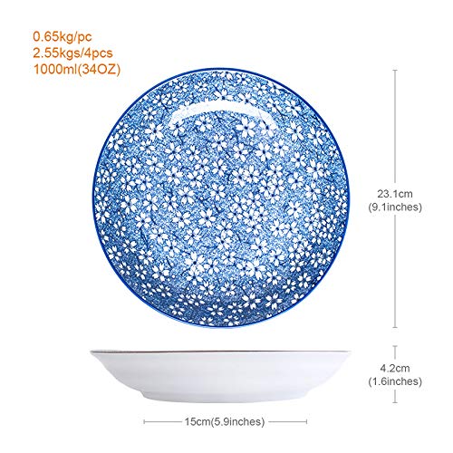 Kylimate 9.1'' (23Cm) Porcelain Bowl Set, 34 Ounce, Set Of 4, Shallow Bowls For Pasta, Salad, Cereal, Assorted Four Classical Bl