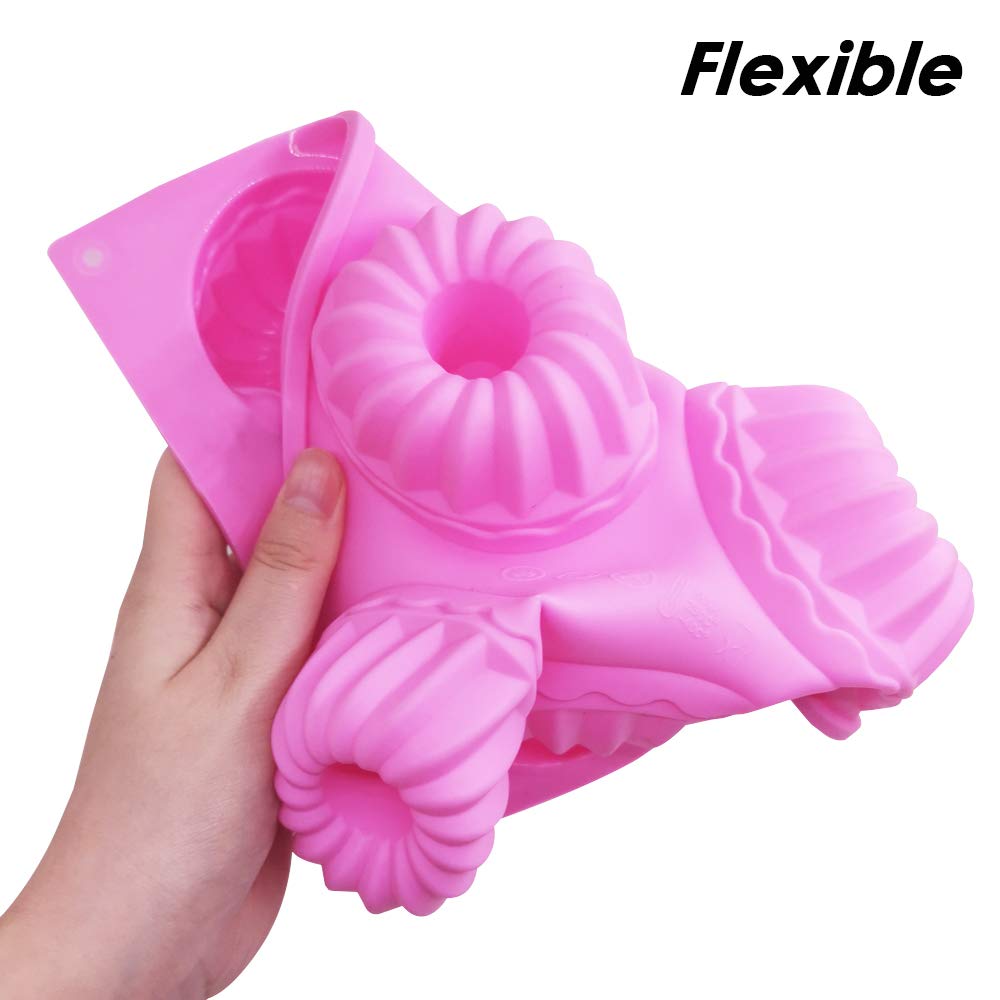 3 Packs Silicone Mini Fluted Cake Pans, Findtop Mini Tube Cake Baking Pan For Muffin Cups, Coffee Cake, Cupcake, Brownie- Pink,