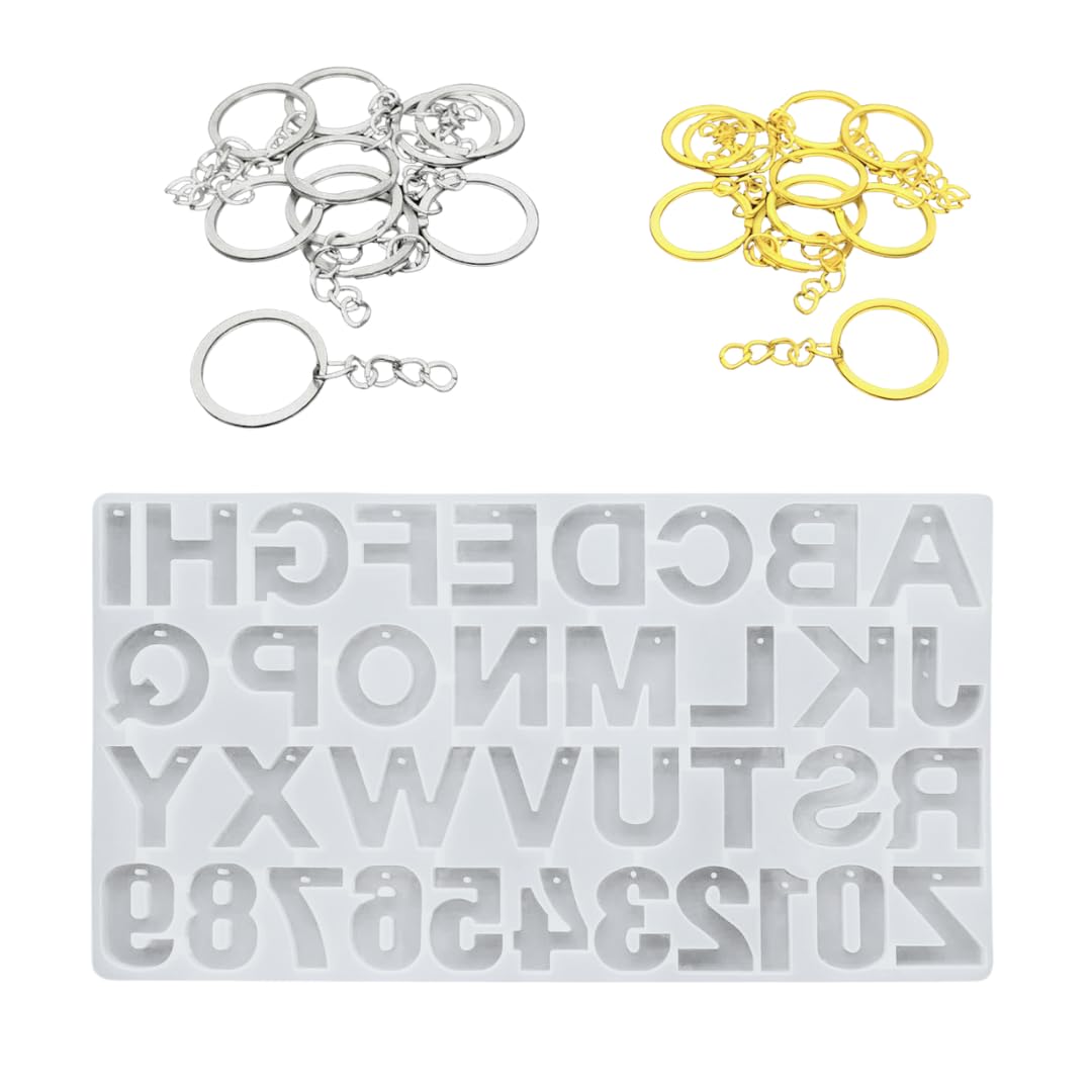 R H Lifestyle Resin Silicone Alphabet Letter Number Mold (Alphabet Mold With Hole + 32 Keychain Ring) Sm3534