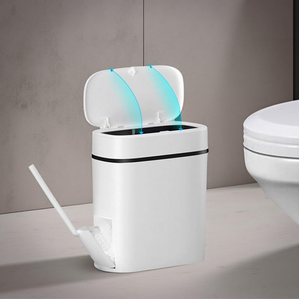 COMODID 3.7 Gallons/14 Liter Bathroom Trash Can Set with Toilet Brush Set, Camper Trash Can Ultra Slim Pull Out Trash Can, White